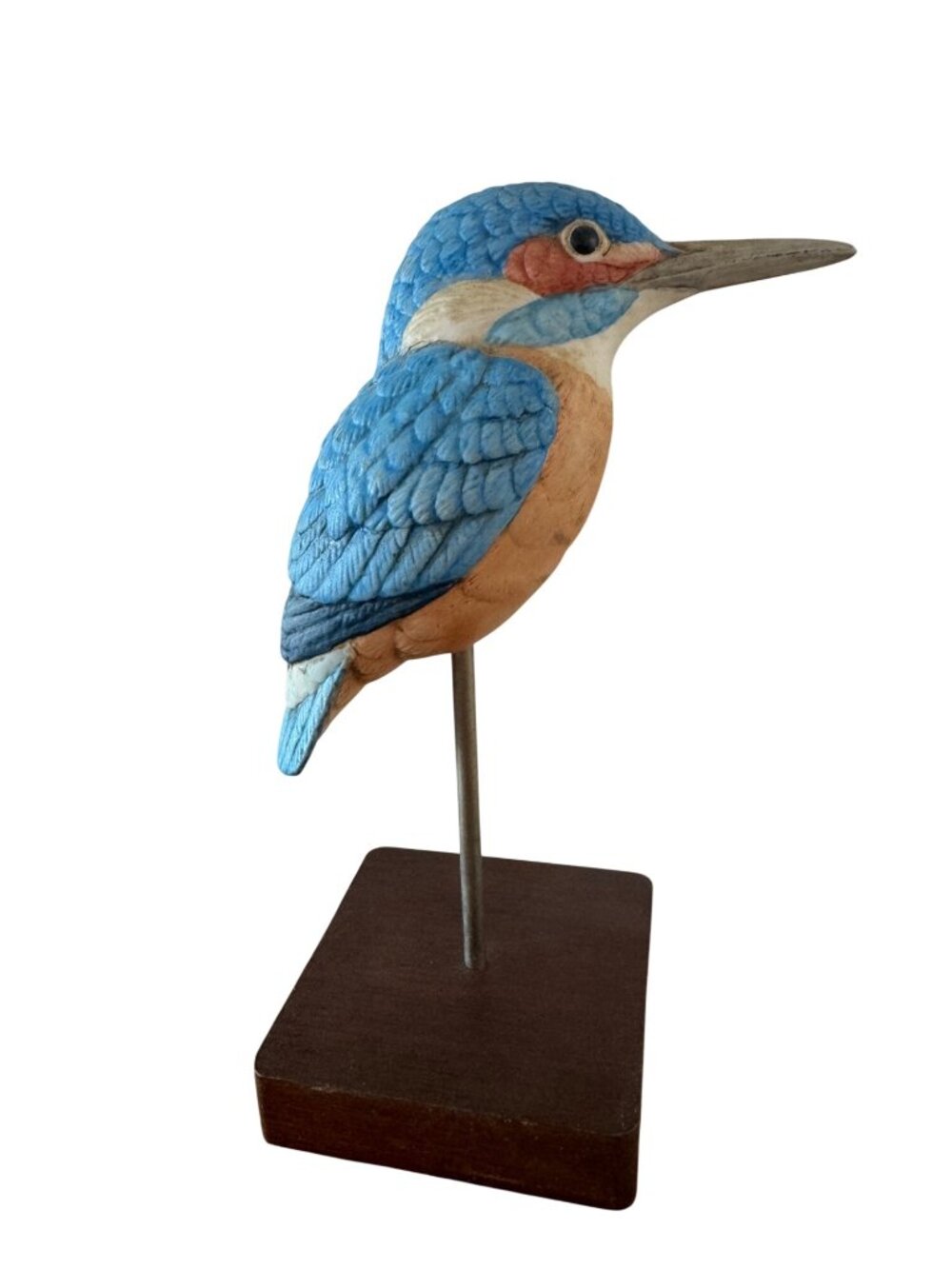 Hand-Carved Wooden Kingfisher Bird Figurine On Stand 6" Tall Blue & Orange Decor